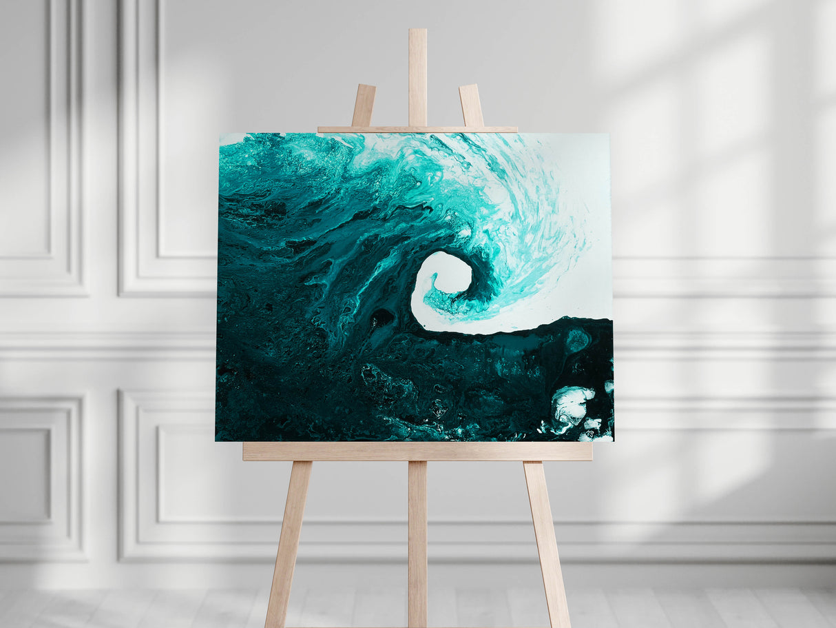 canvas painting of a rolling wave with deep blues and crisp white details.