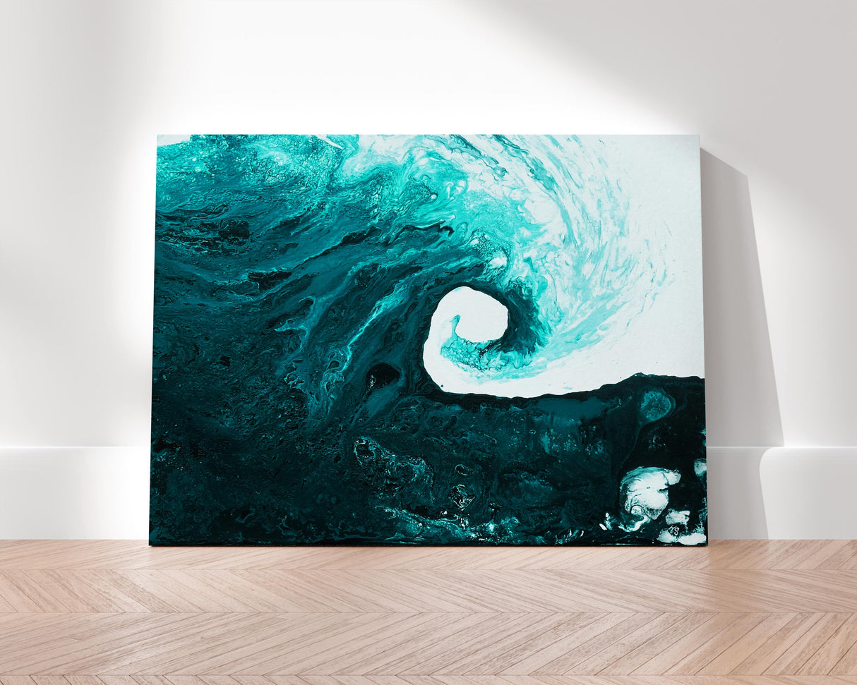 Coastal-inspired acrylic painting of a wave with rich blues and soft white foam.