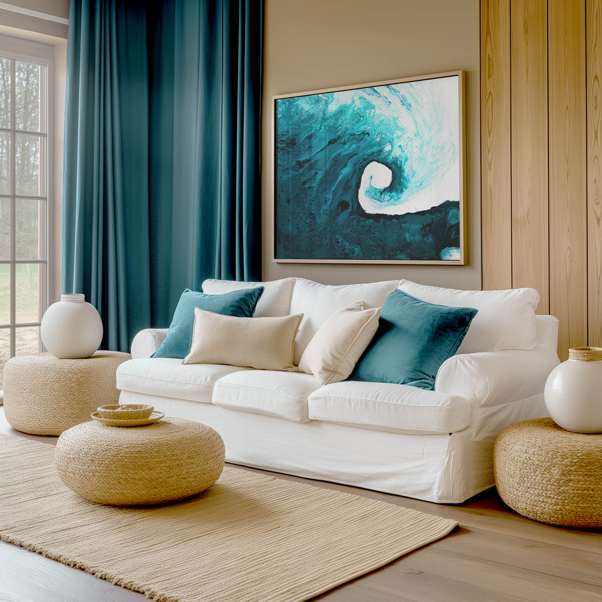 Rolling wave abstract print in cool blues and teals.