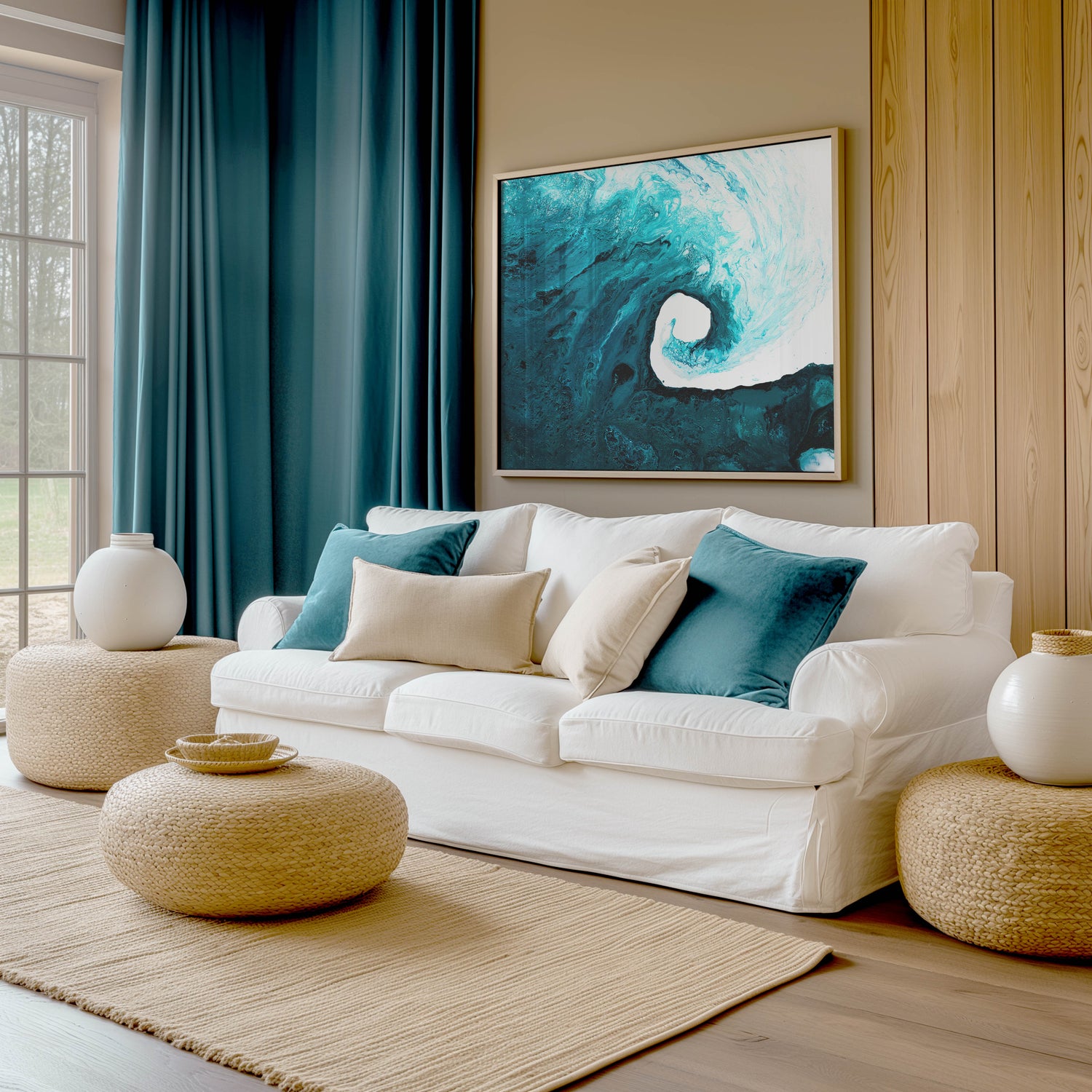 Rolling wave abstract print in cool blues and teals.