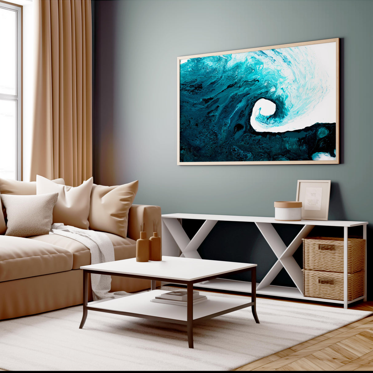 Modern abstract ocean art with swirling waves.