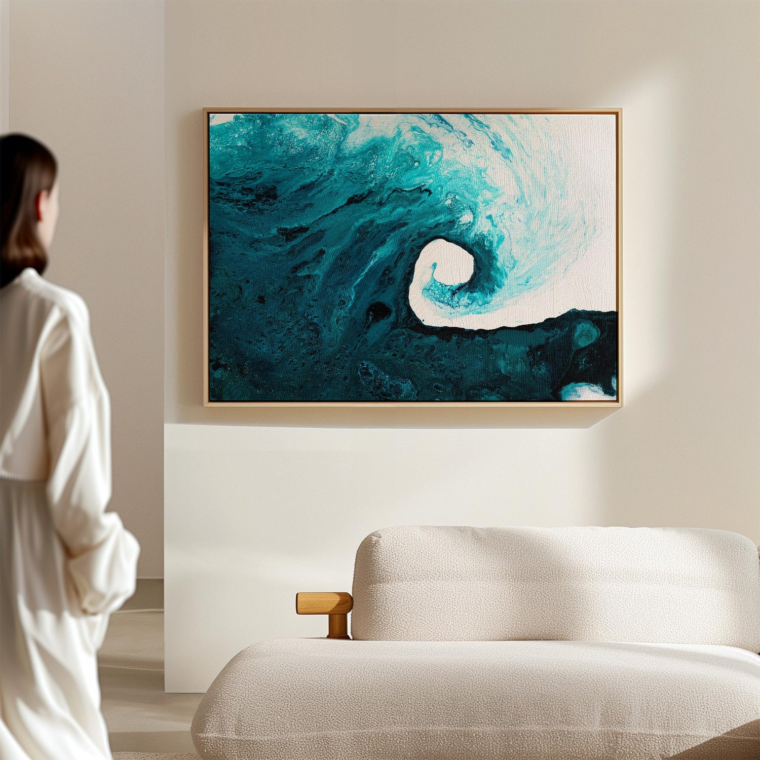 Abstract seascape print in blue and white tones.