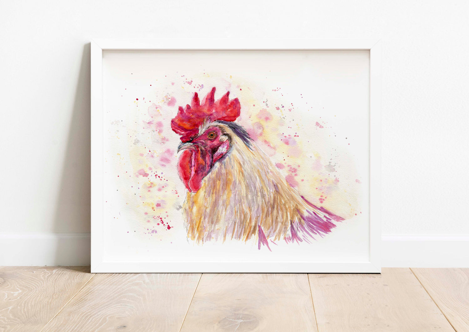 Detailed watercolour rooster portrait, printed on premium paper.