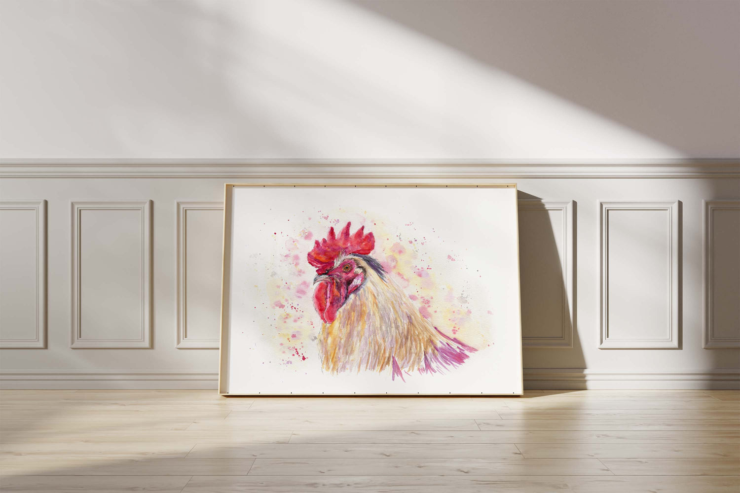 A vibrant rooster print, perfect for country home decor.