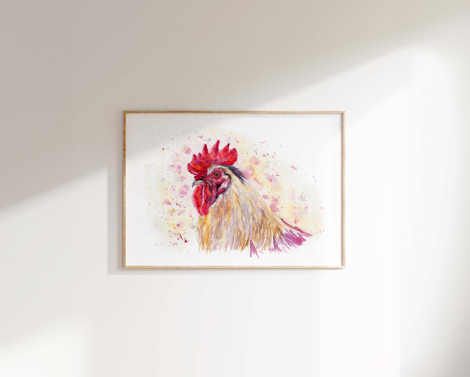 Hand-painted rooster artwork, now available as a fine art print.