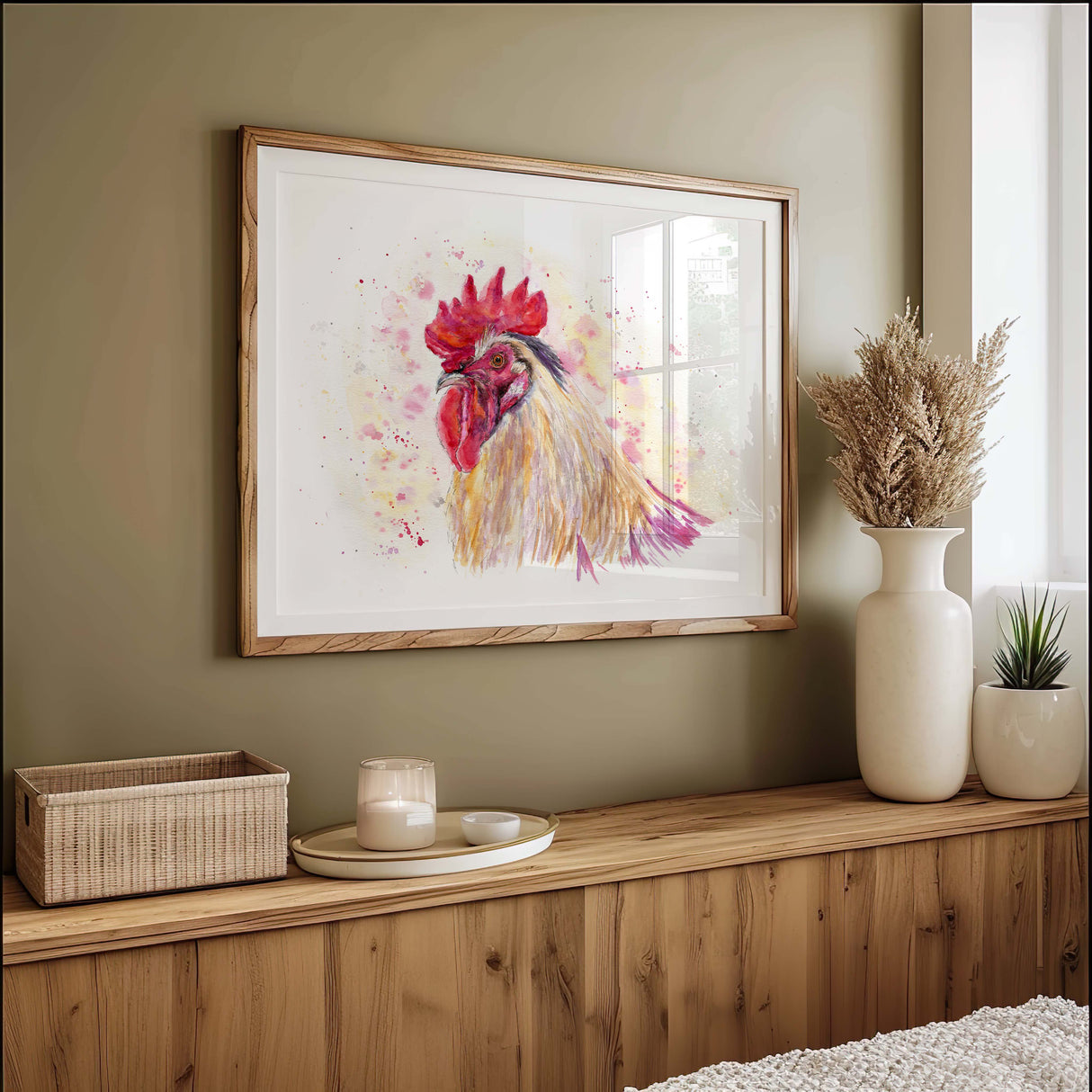 Farm animal wall art featuring a bold rooster in profile.