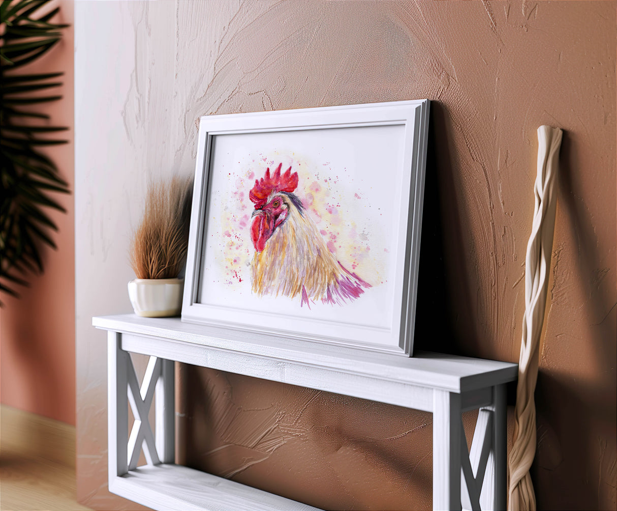 Watercolour rooster print with a striking red comb and rich russet feathers.