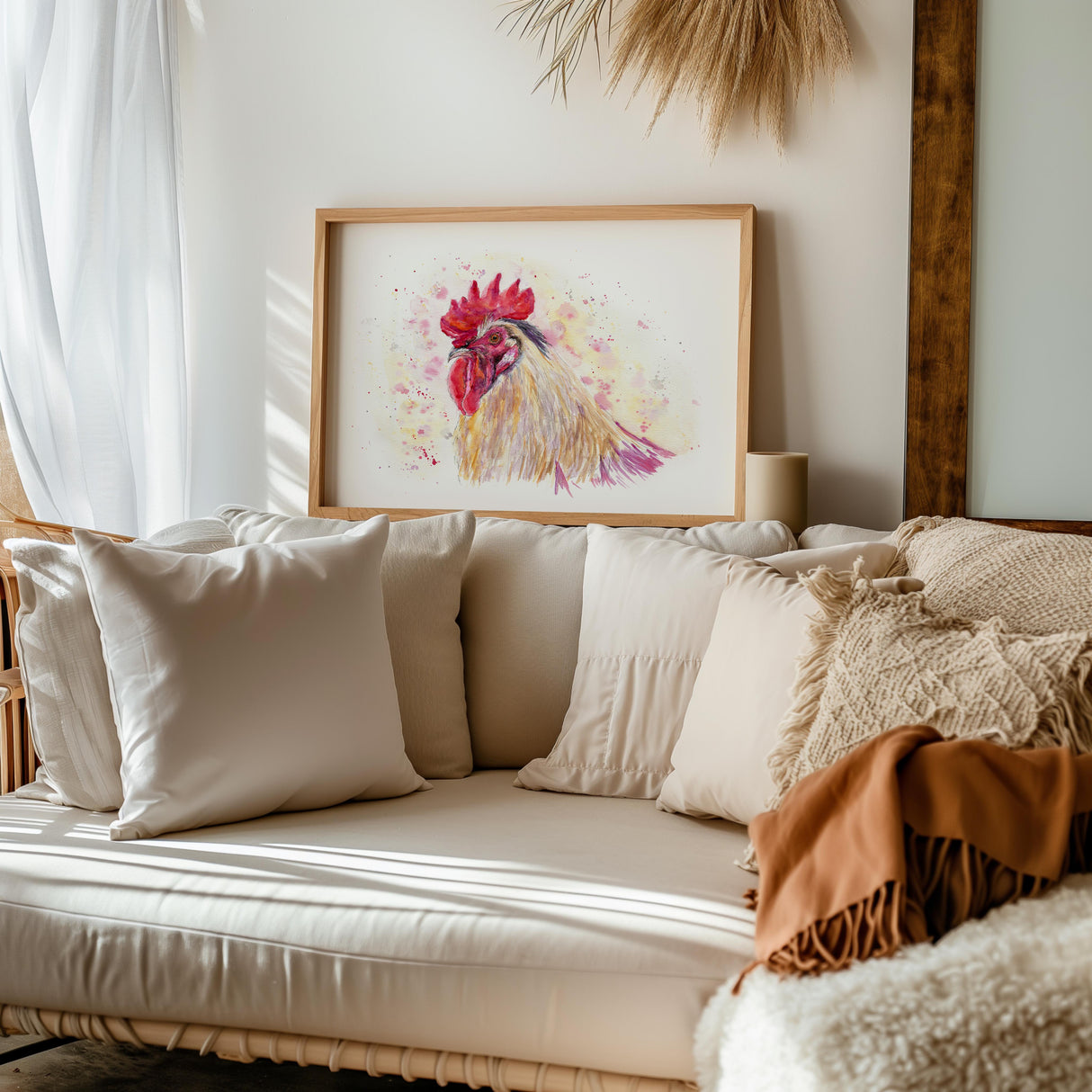 Ideal kitchen wall art—rooster print for farmhouse interiors.