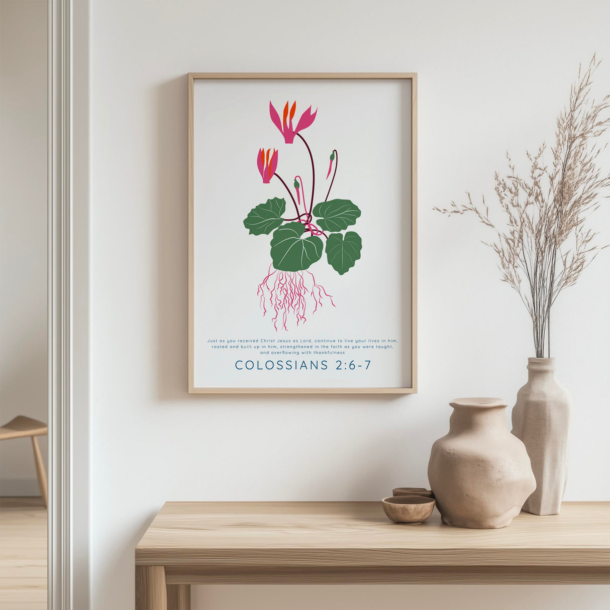 Inspiring botanical Christian art print featuring Colossians 2:6-7 about faith, gratitude, and living in Christ.