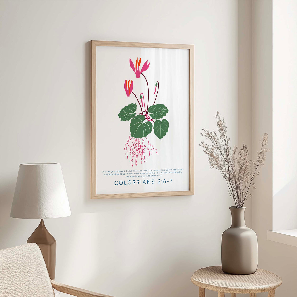 Colossians 2 6-7 floral Christian print with rooted in Christ Bible verse for thankfulness and spiritual growth.