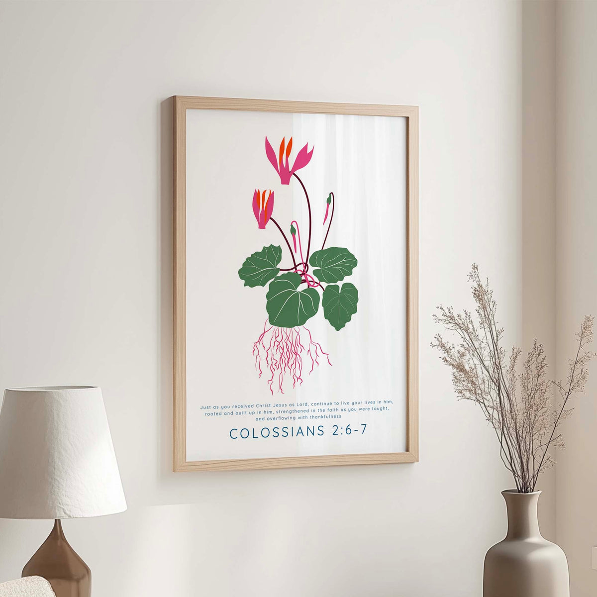 Colossians 2 6-7 floral Christian print with rooted in Christ Bible verse for thankfulness and spiritual growth.