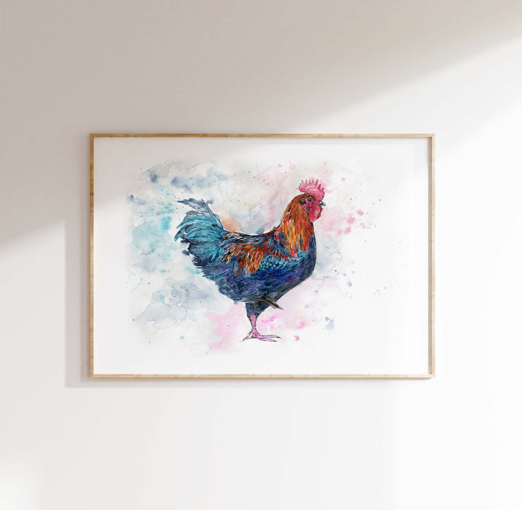 Colorful Watercolour Rooster Farm Print, Whimsical Rooster WatercoloUr Wall Decor, Country Chic Watercolor Rooster Artwork