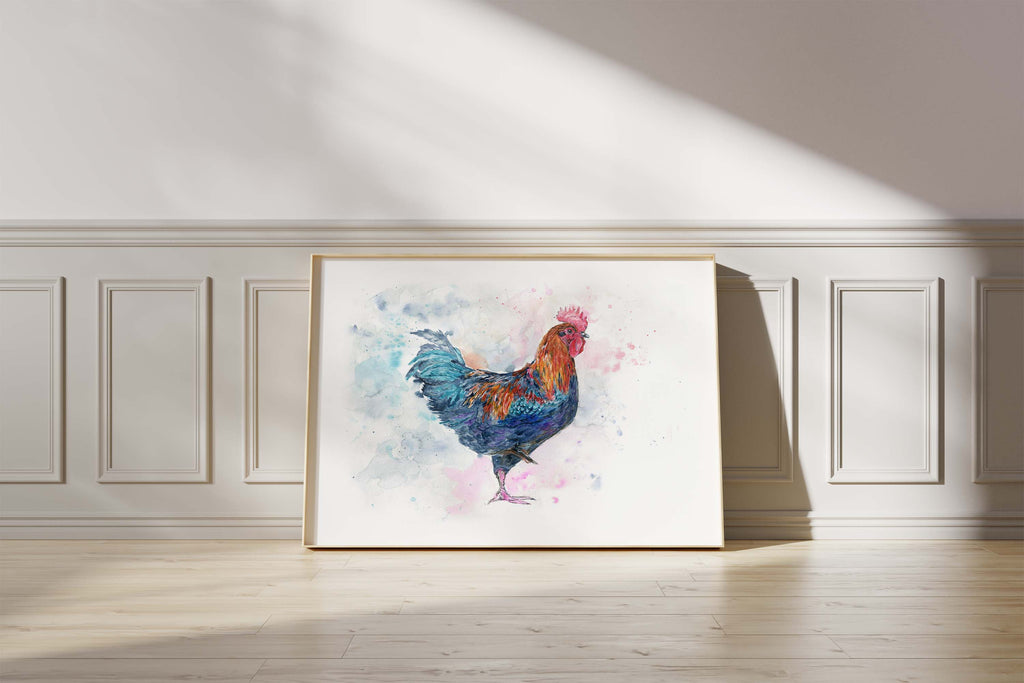 Hand-Painted Rooster Print for Home. Watercolour Farm Animal Wall Hanging, Rooster Watercolor Painting for Kitchen