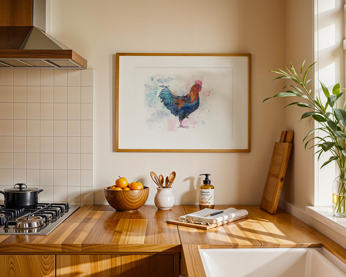 Striking blue, red and yellow rooster print for kitchen decor. Hand-painted farmyard rooster print for kitchen or home.