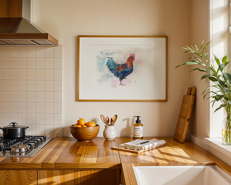 Striking blue, red and yellow rooster print for kitchen decor. Hand-painted farmyard rooster print for kitchen or home.