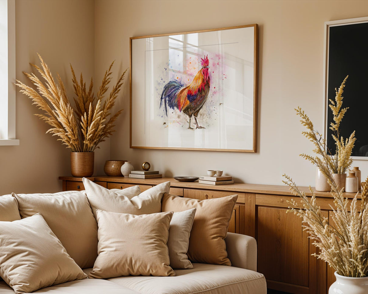Colourful rooster wall art print with fiery reds and deep blues, ideal for rustic kitchen or dining room decor.