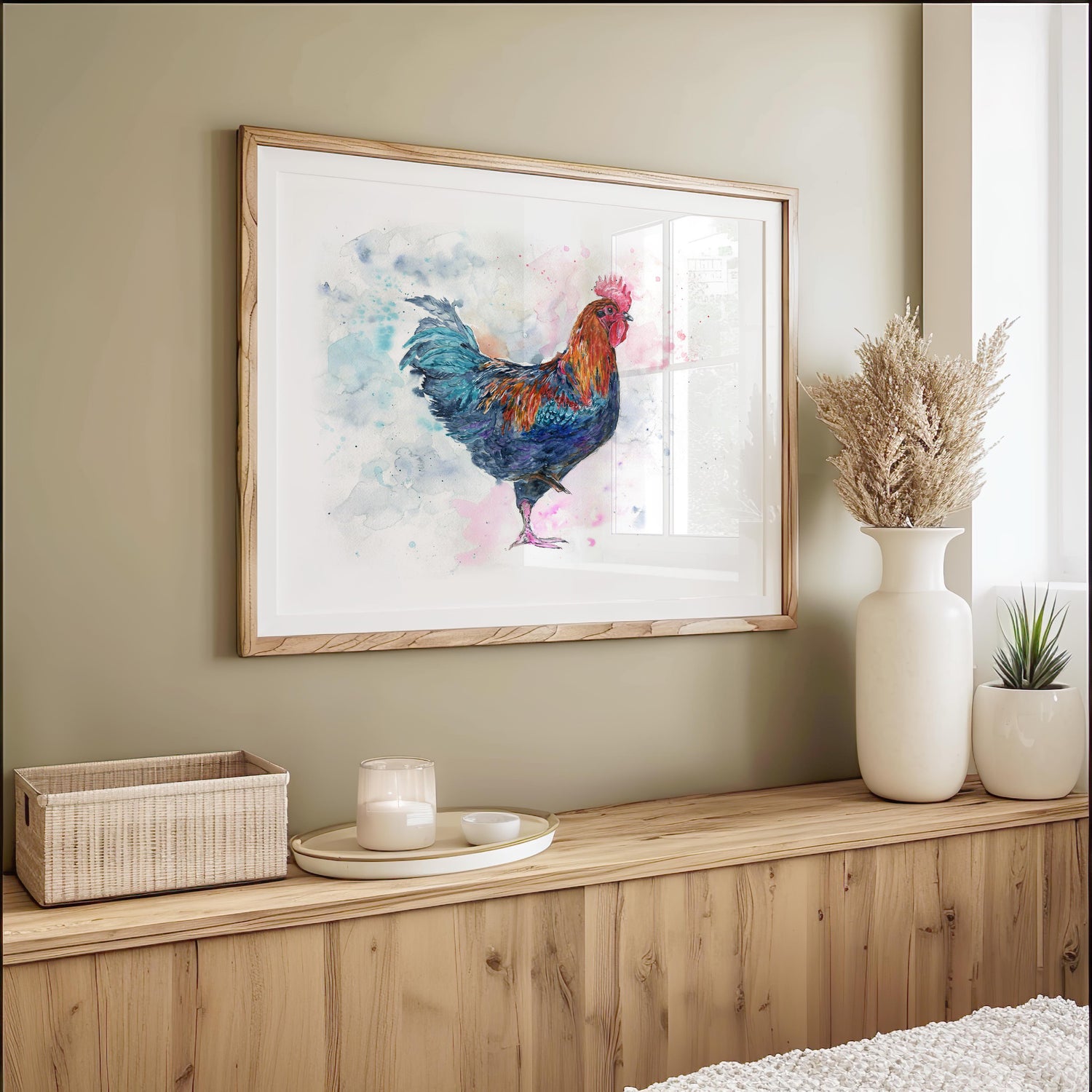 Bold rooster wall art print in blue, red and yellow.