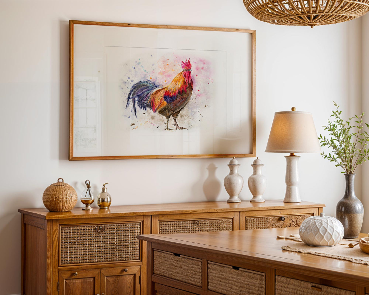 Contemporary watercolour rooster art print with vibrant reds, oranges, blues and greens, perfect for farmhouse kitchen decor.