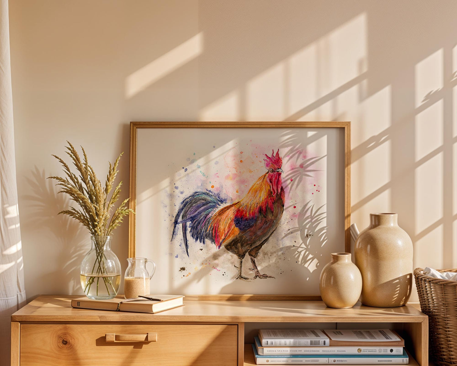 'Rise And Shine' rooster wall art print in bold, modern watercolour style with bright feathers on high-quality paper.