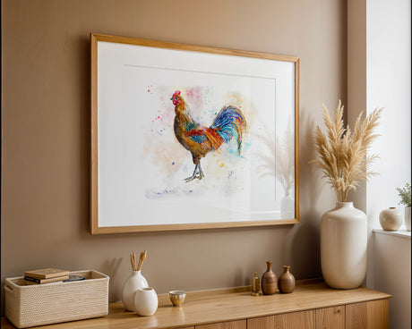 Colourful rooster wall art print with bright red, blue, and yellow tones, perfect for kitchen or farmhouse decor