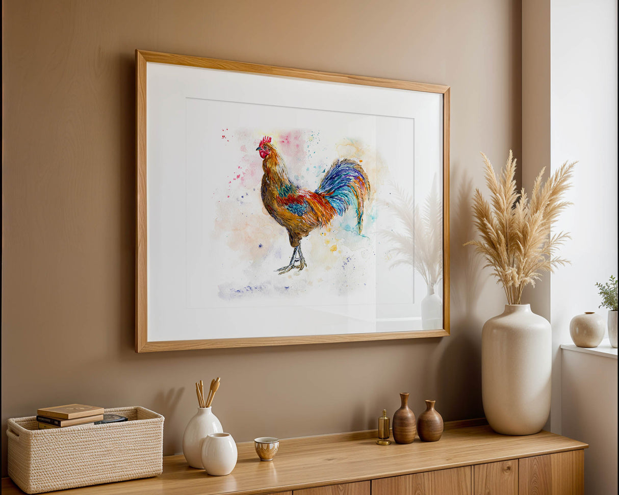 Colourful rooster wall art print with bright red, blue, and yellow tones, perfect for kitchen or farmhouse decor