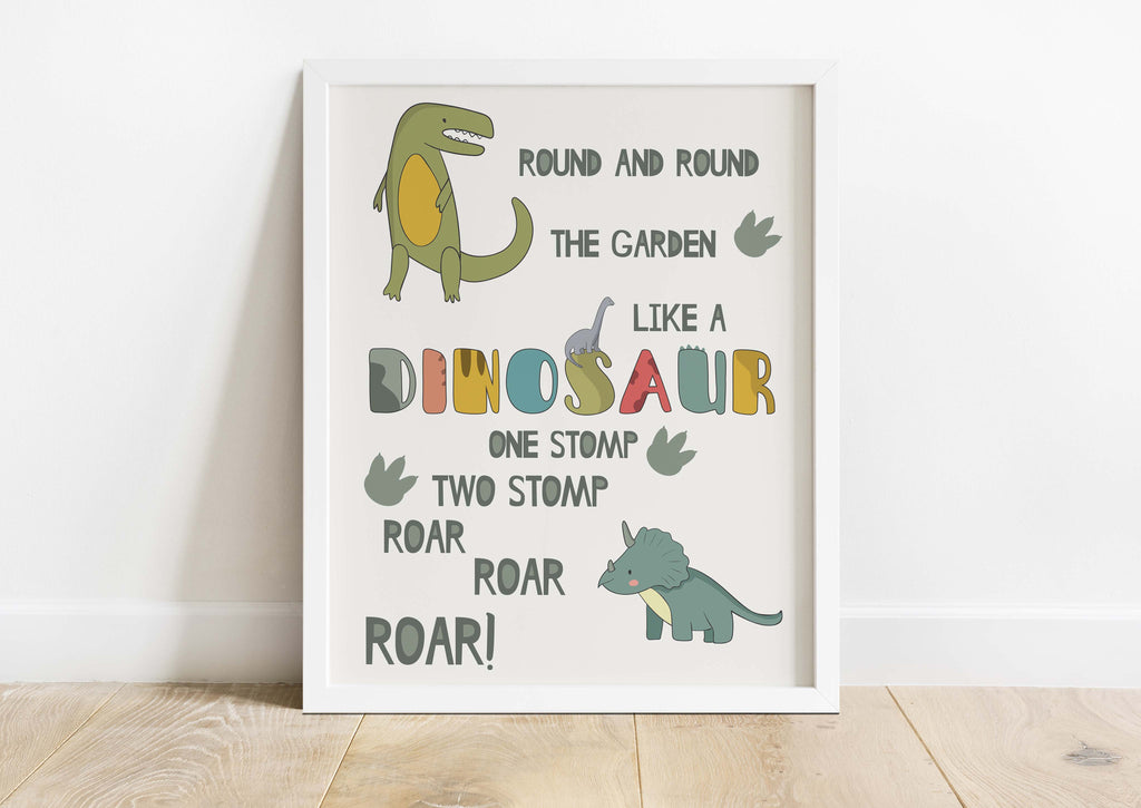 Dinosaur nursery print with rhyme for green-themed nursery, Whimsical dinosaur theme nursery print with 'Round and Round the garden'