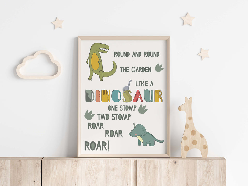 Adorable dinosaur nursery print with rhyme for pink-themed nursery, green dinosaur nursery print with 'Round and Round the garden'