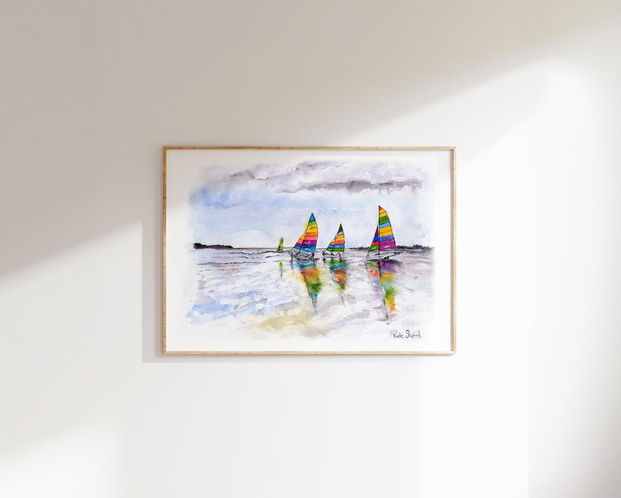 Sailing boats on calm waters in a rainbow colour theme. Watercolour print inspired by Poole Harbour