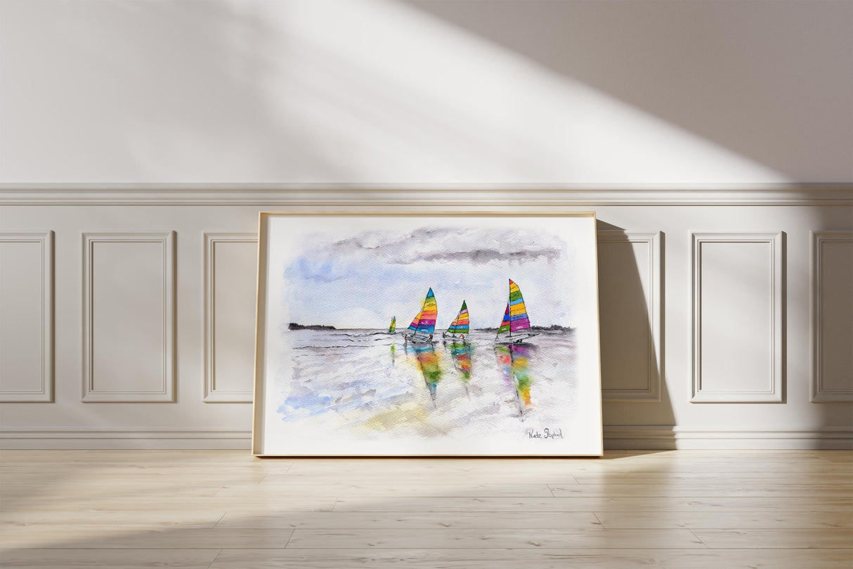 Art print of boats with rainbow sails on the sea