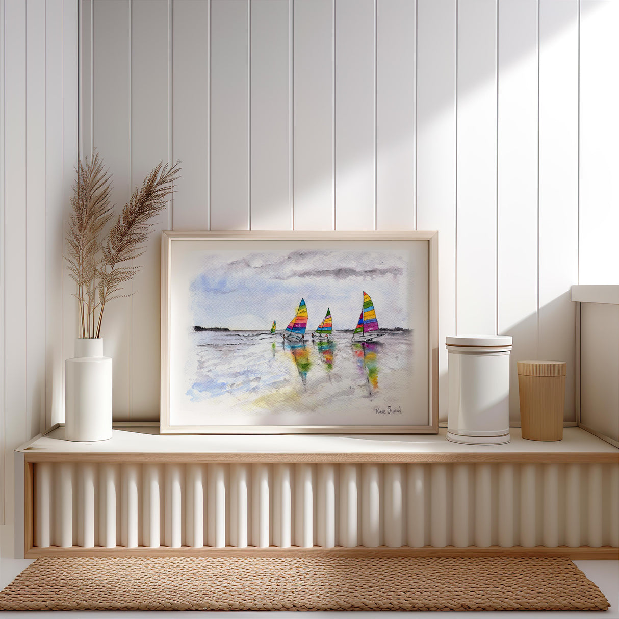 Vibrant sailing boats wall art in a grey-blue harbour