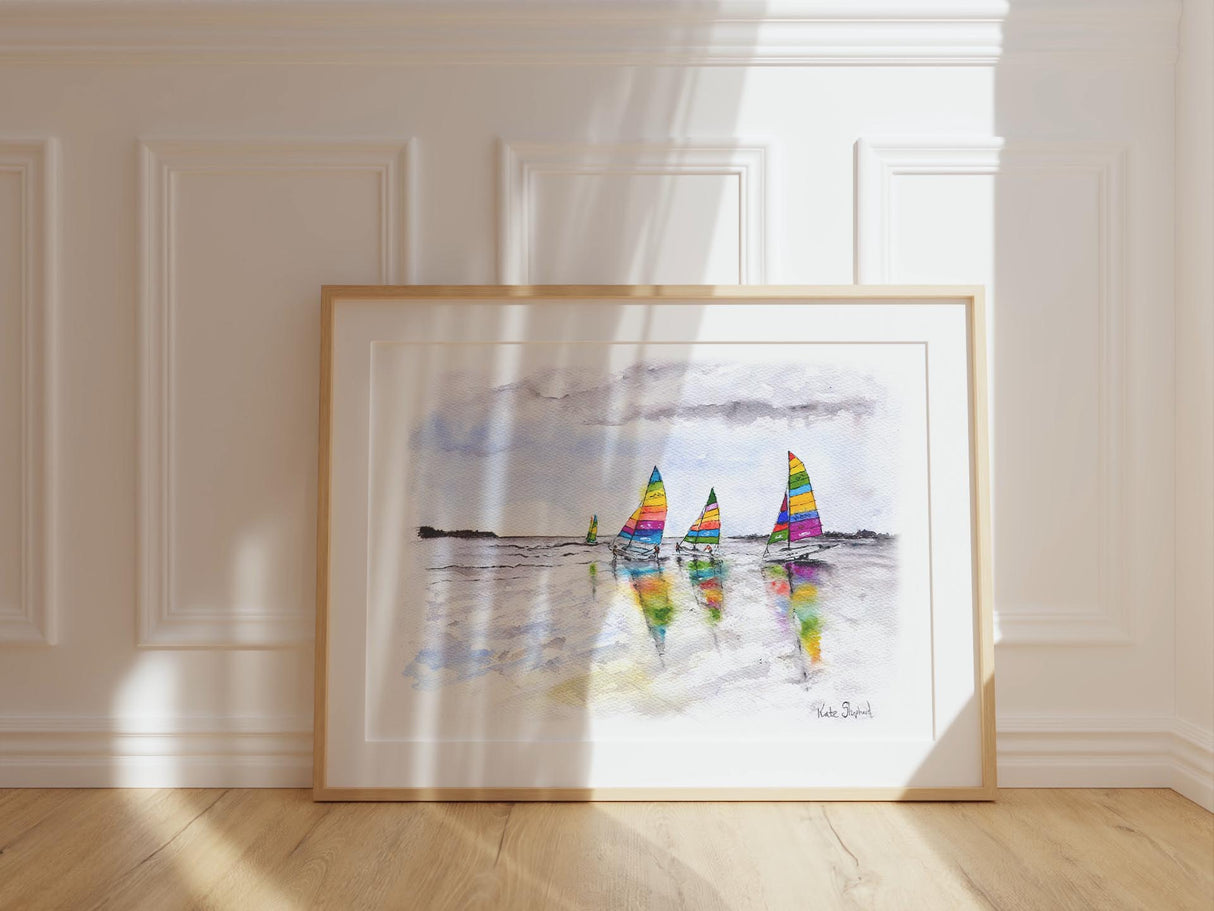 Colourful seascape art print with soft, atmospheric tones