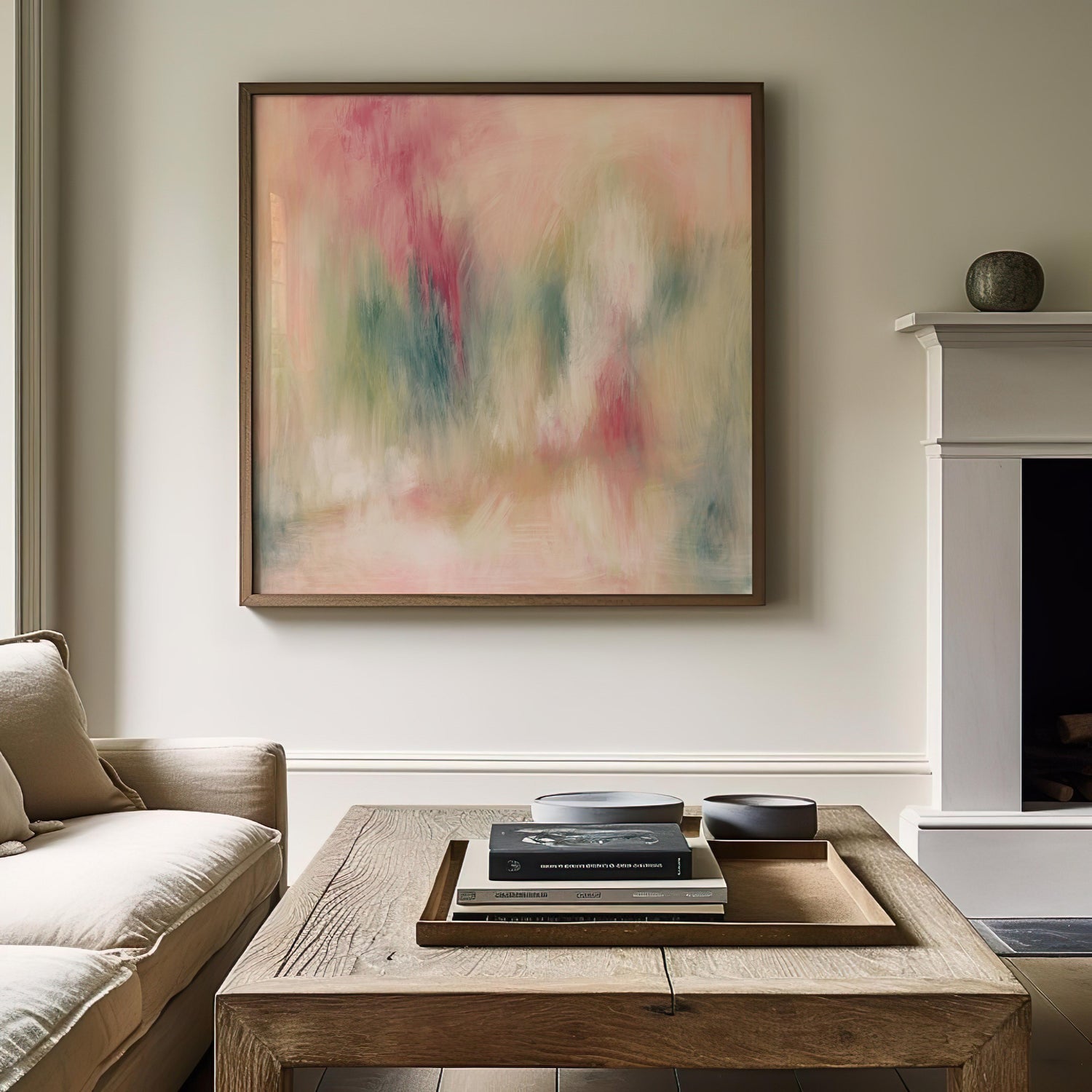 This digital artwork features a soft, abstract blend of peach, cream, and green, symbolising tranquillity and reflection