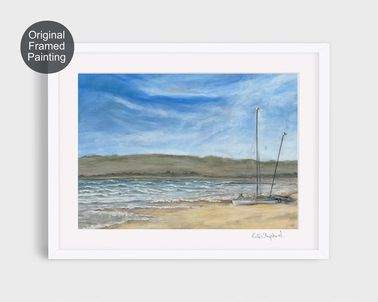 Original pastel painting of Sandbanks Beach with a boat and the Purbeck Hills, created by artist Kate Shephard.