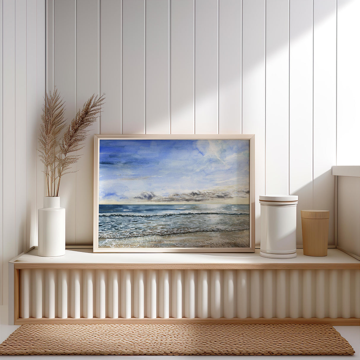 A serene coastal watercolor print of Sandbanks Beach, named Autumn Glow. The golden sunlight glows on the rippling water, evoking a peaceful autumn atmosphere.