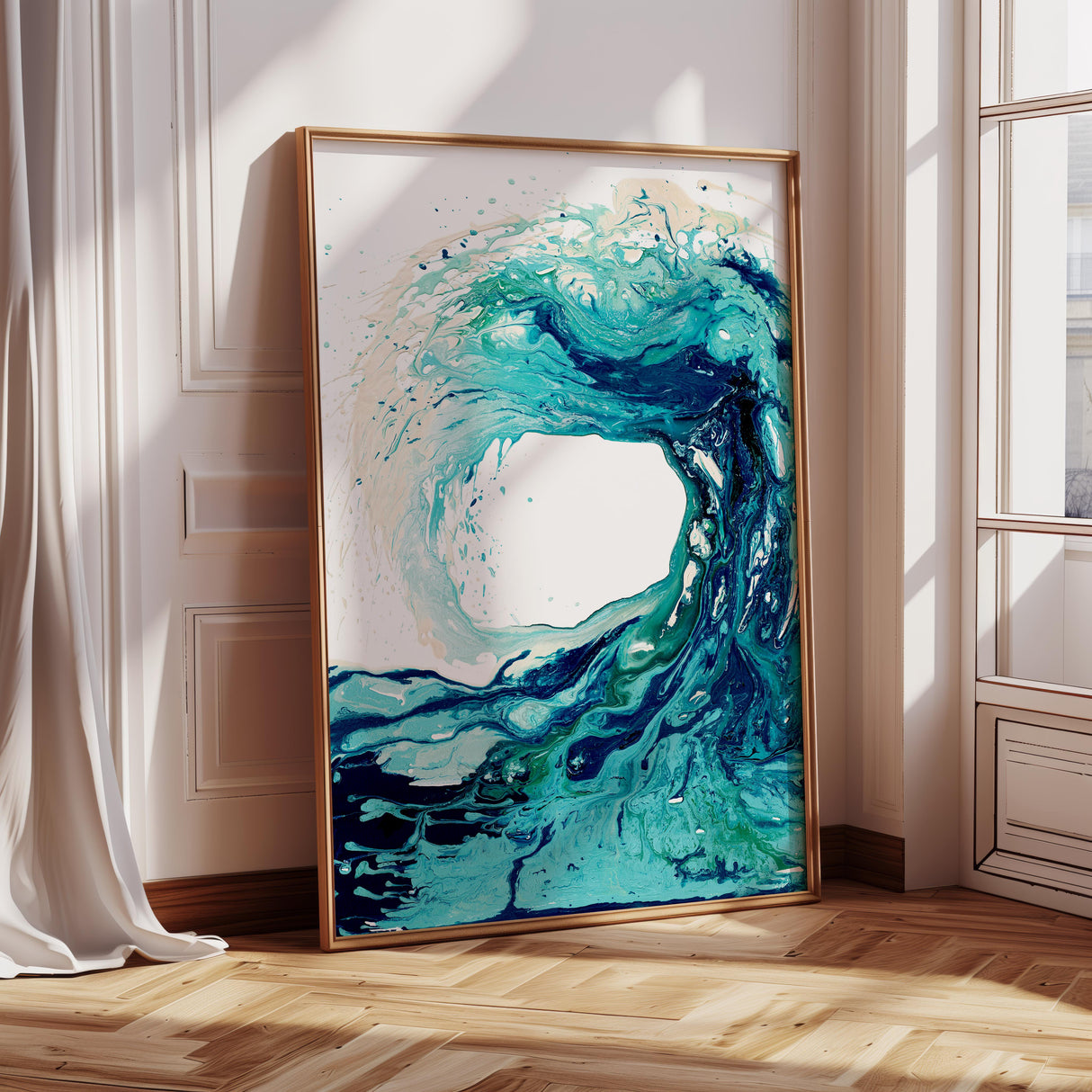 Blue and turquoise wave art print for beach house style.