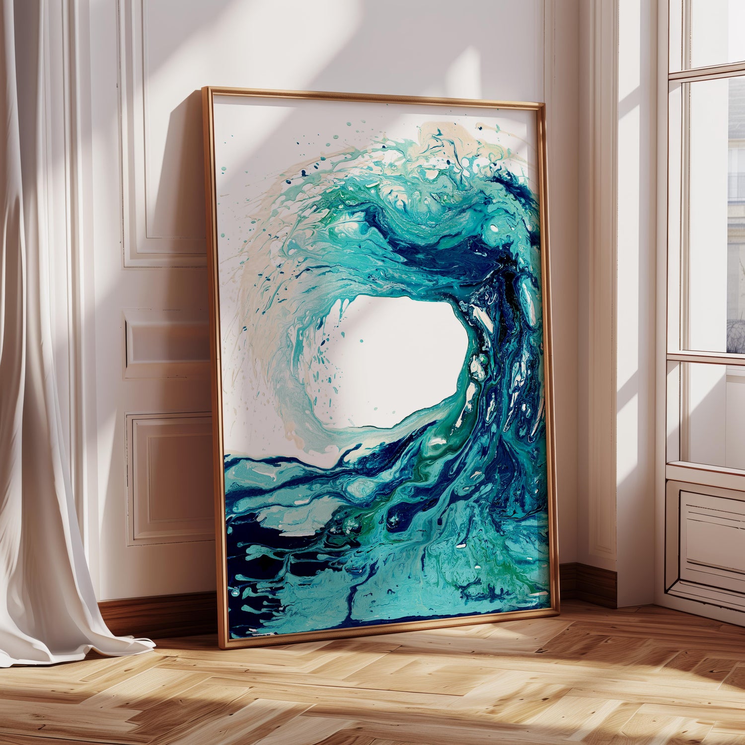 Blue and turquoise wave art print for beach house style.