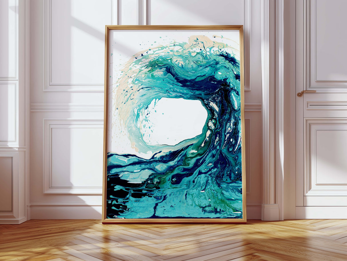 Abstract ocean wave art print in blue and turquoise with flowing wave design.