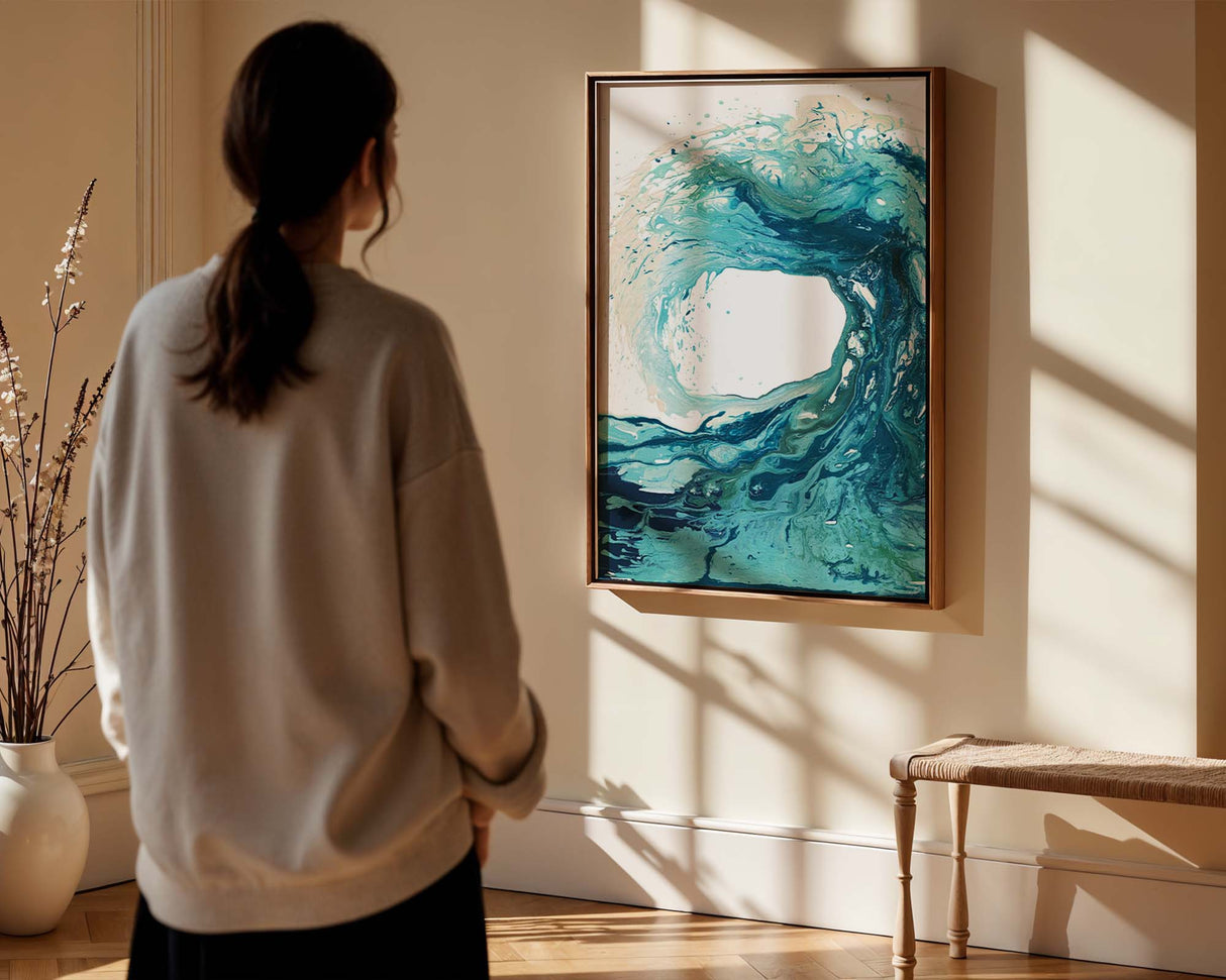 Surf art print of abstract wave in vibrant blues and coastal colours.