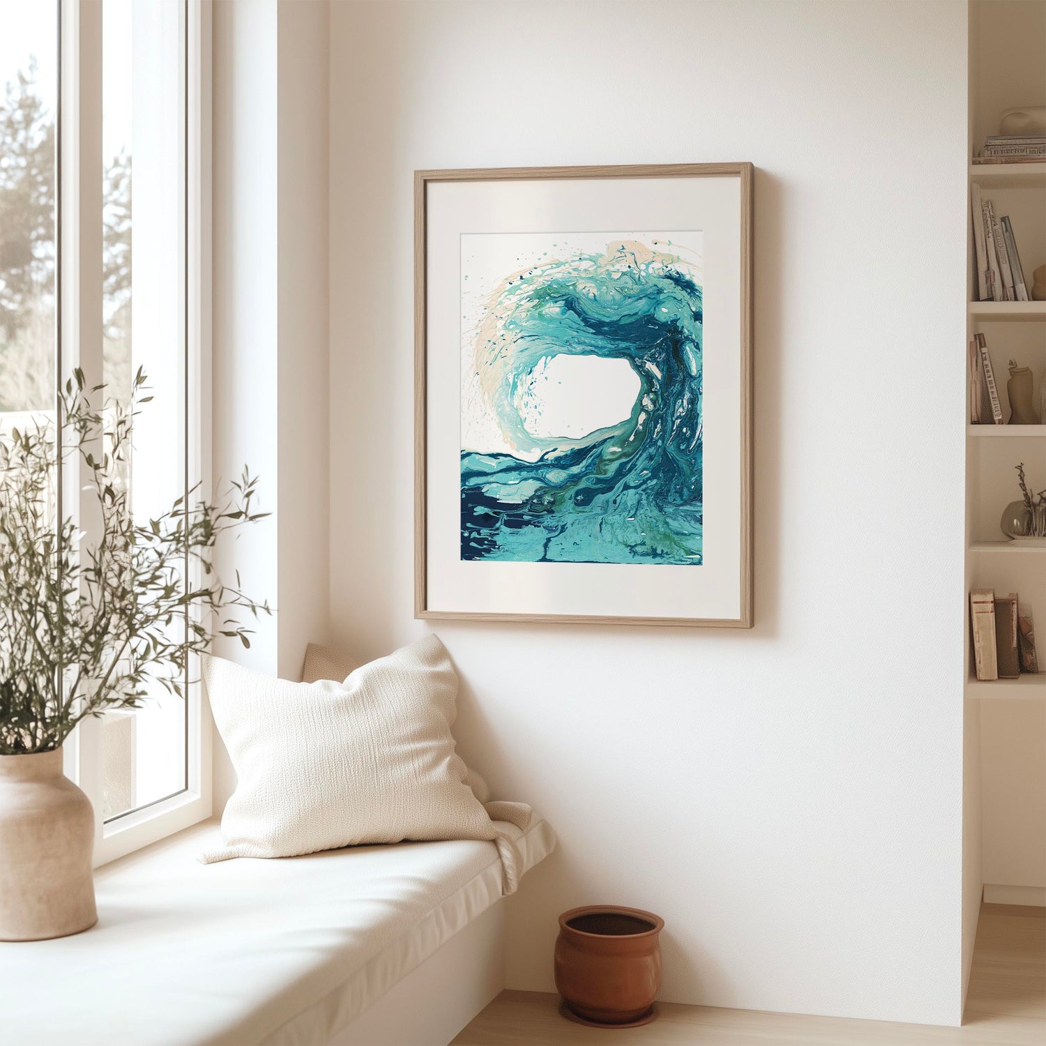 Surf-inspired abstract wave painting print for ocean lovers.