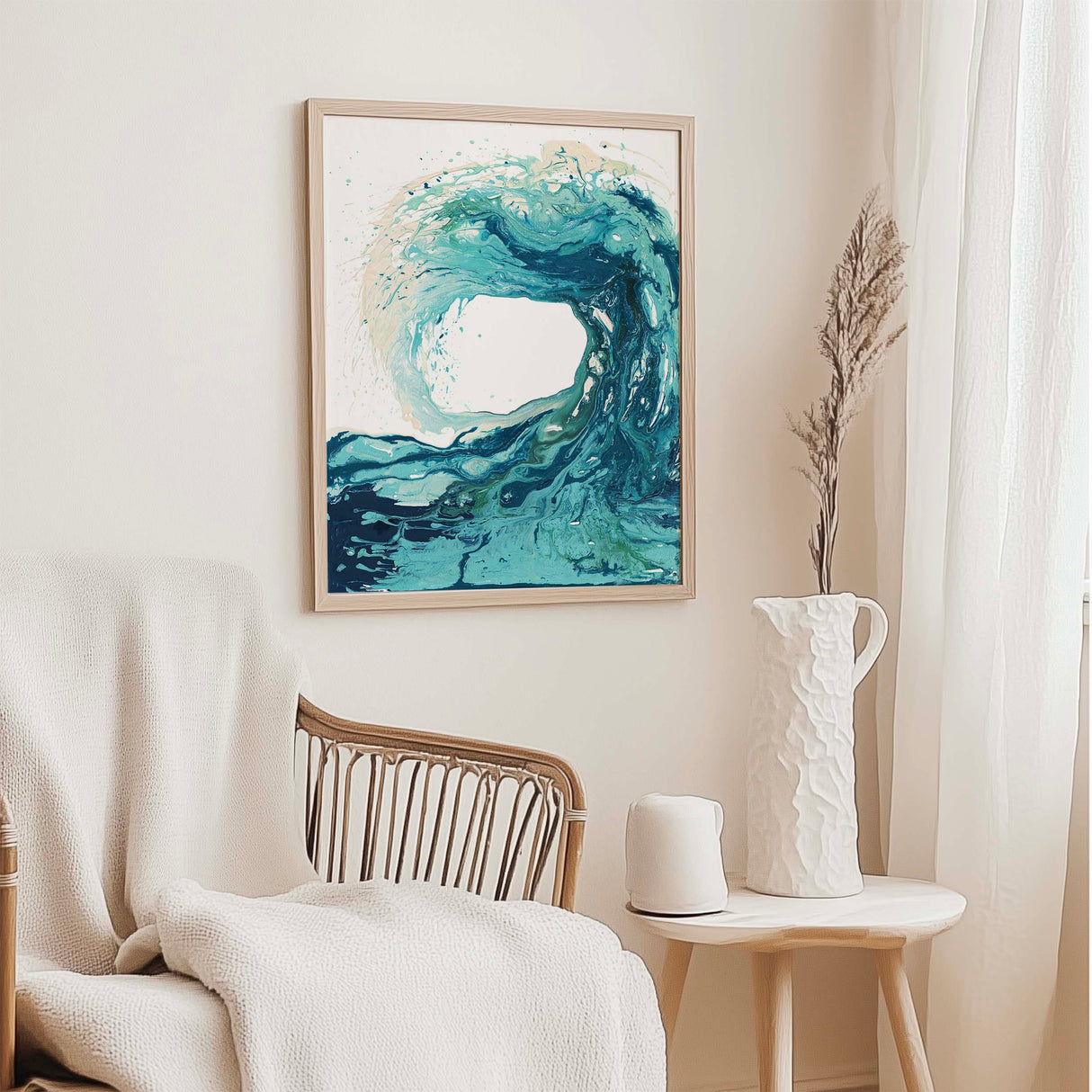 Abstract ocean wave print perfect for modern coastal decor.