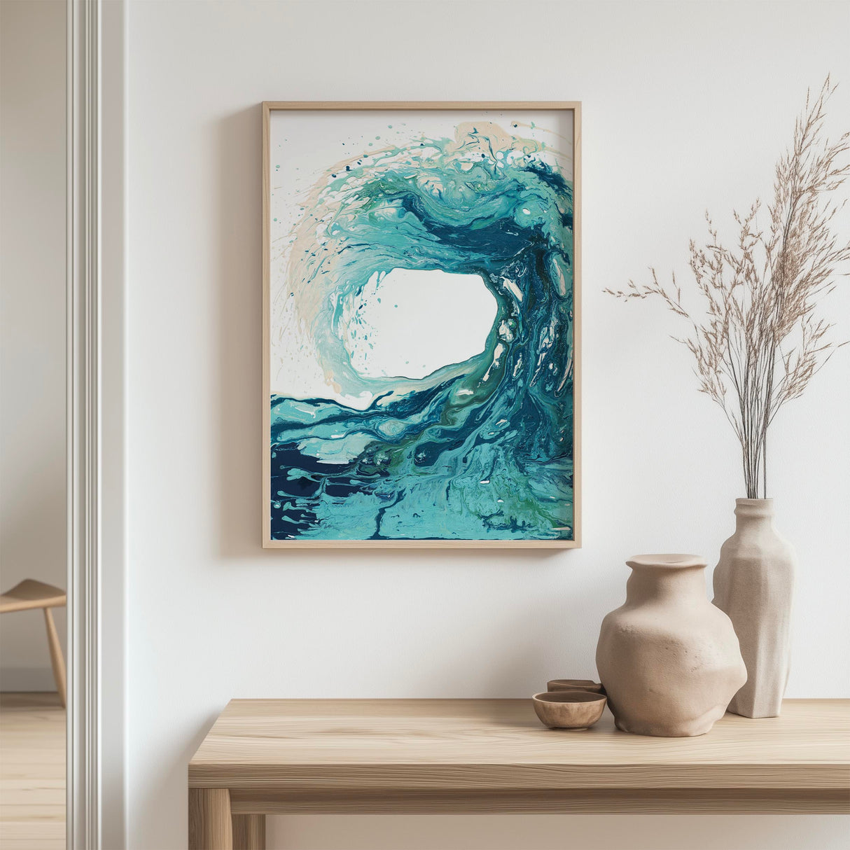 Blue wave print capturing movement and flow of the sea.