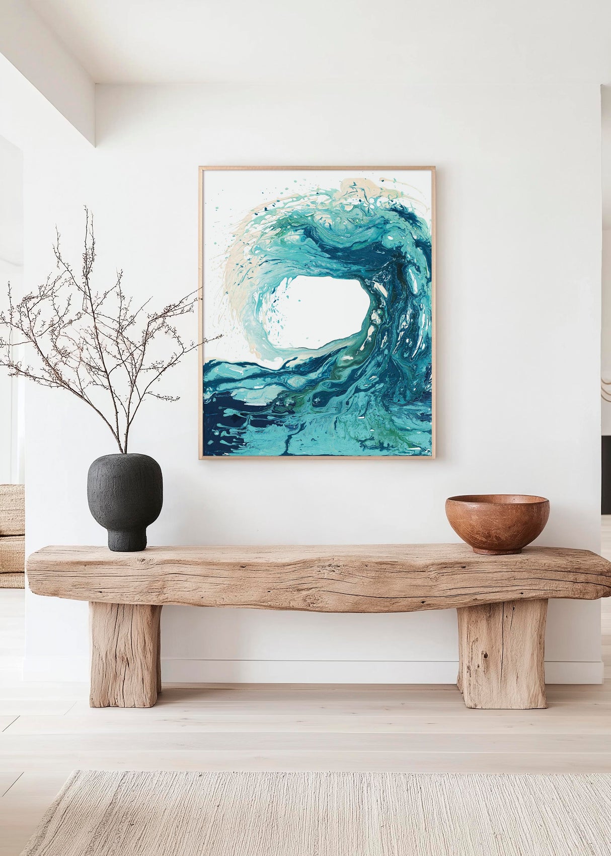 'Sandbanks Wave' - Wave art on canvas capturing the wild energy of a breaking ocean wave in turquoise, teal and deep navy — stunning coastal canvas wall art and sea print, by Crafty Cow Design.