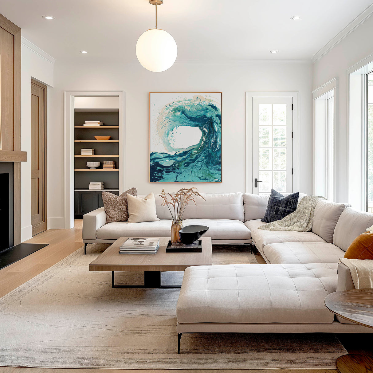 'Sandbanks Wave' - Blue wave canvas print in swirling fluid acrylic — wave art and ocean artwork in turquoise, teal and deep navy for coastal canvas wall art and beach house decor, by Crafty Cow Design.