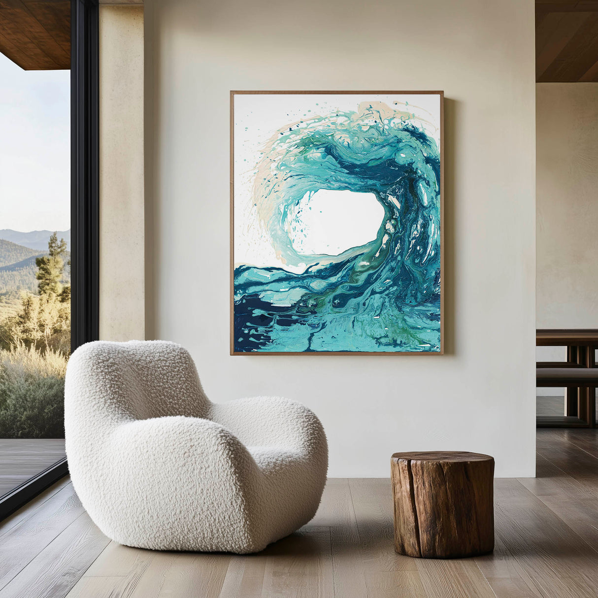 'Sandbanks Wave' - Coastal canvas wall art capturing the ferocity and beauty of a breaking wave — ocean artwork in luminous turquoise and deep navy, stunning wave art sea print, by Crafty Cow Design.
