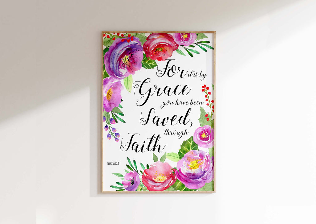 Grace and faith Bible verse print, Religious home decor with Bible quote, Christian wall art with Ephesians 2:8