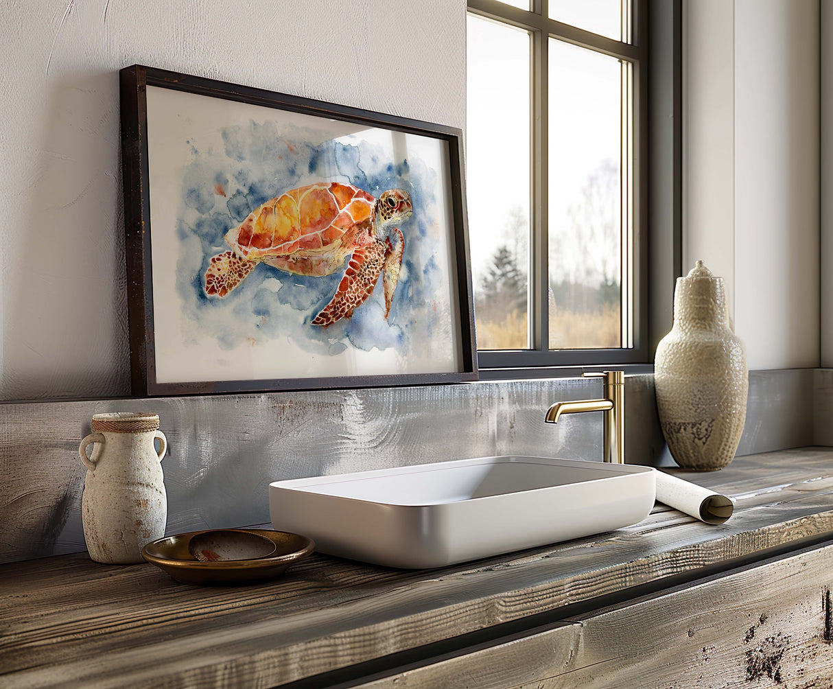 Calm and serene turtle painting in ocean-inspired colors.