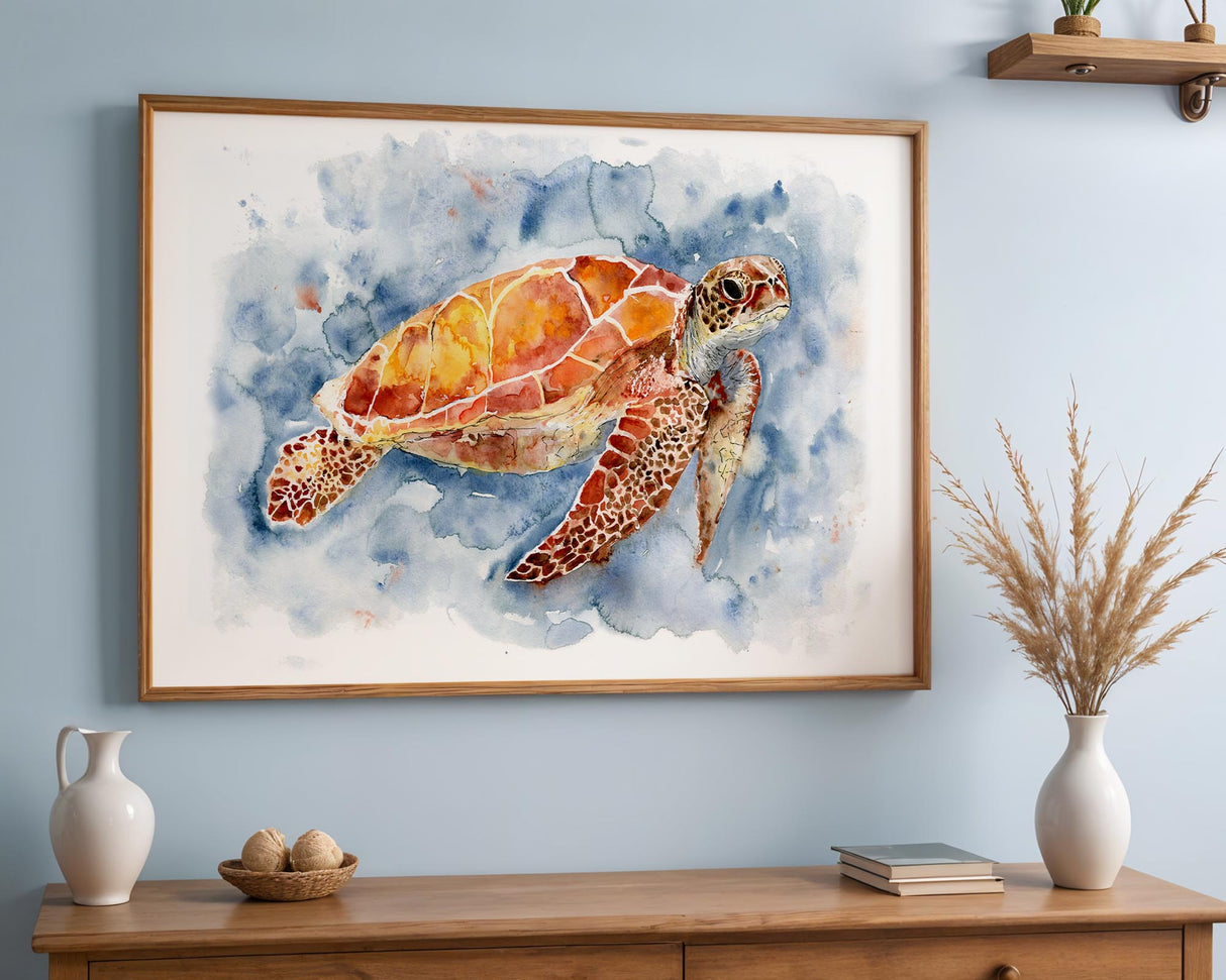 Sea turtle floating through tranquil, painted waters.
