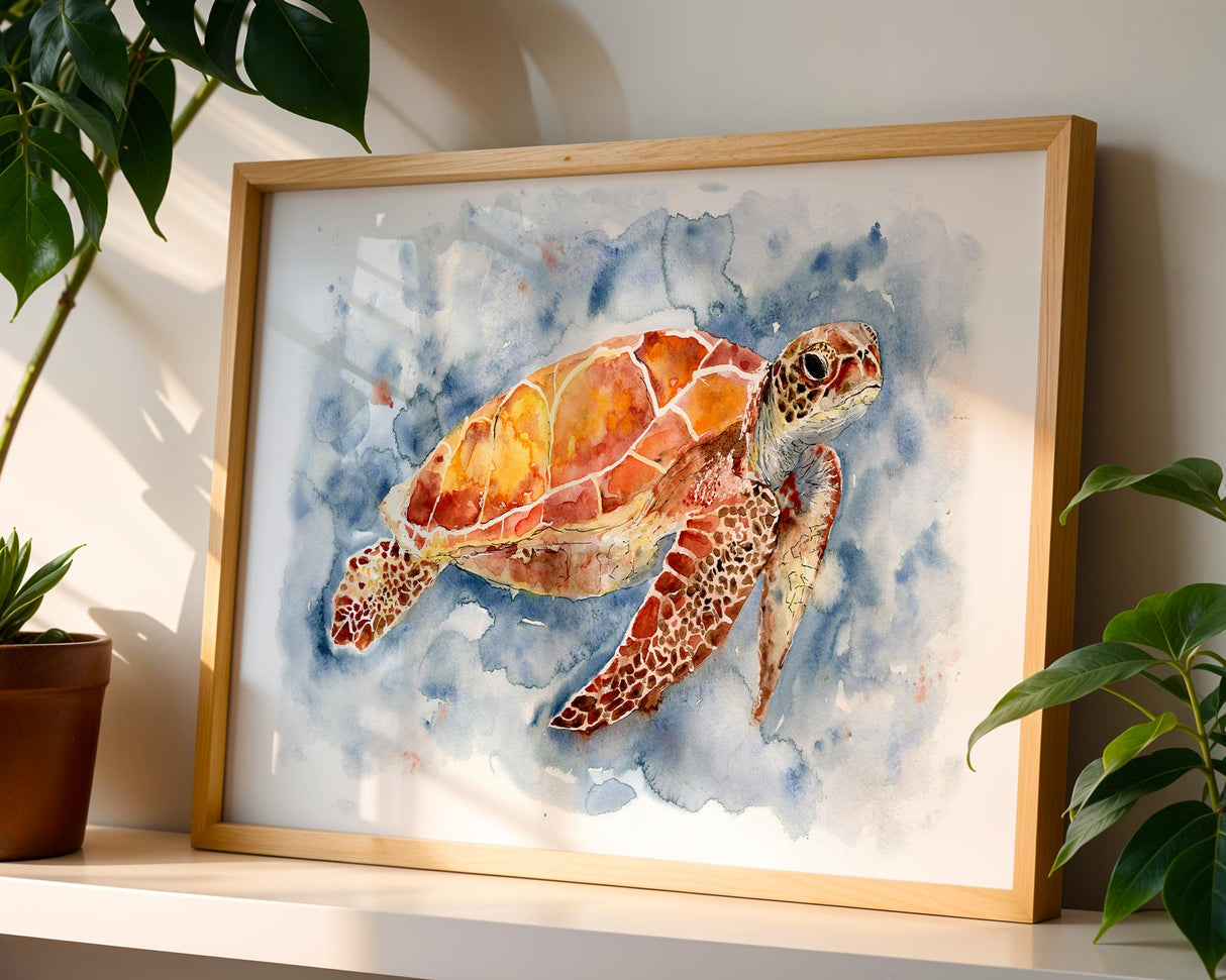 Delicate watercolor artwork of a turtle in motion.
