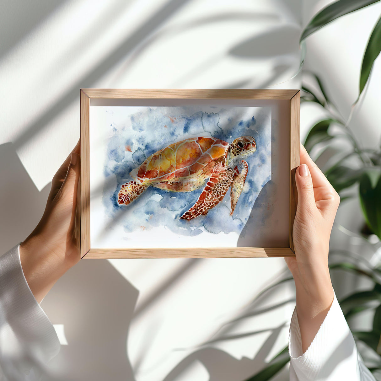 Blue and green sea turtle illustration with fluid watercolor.