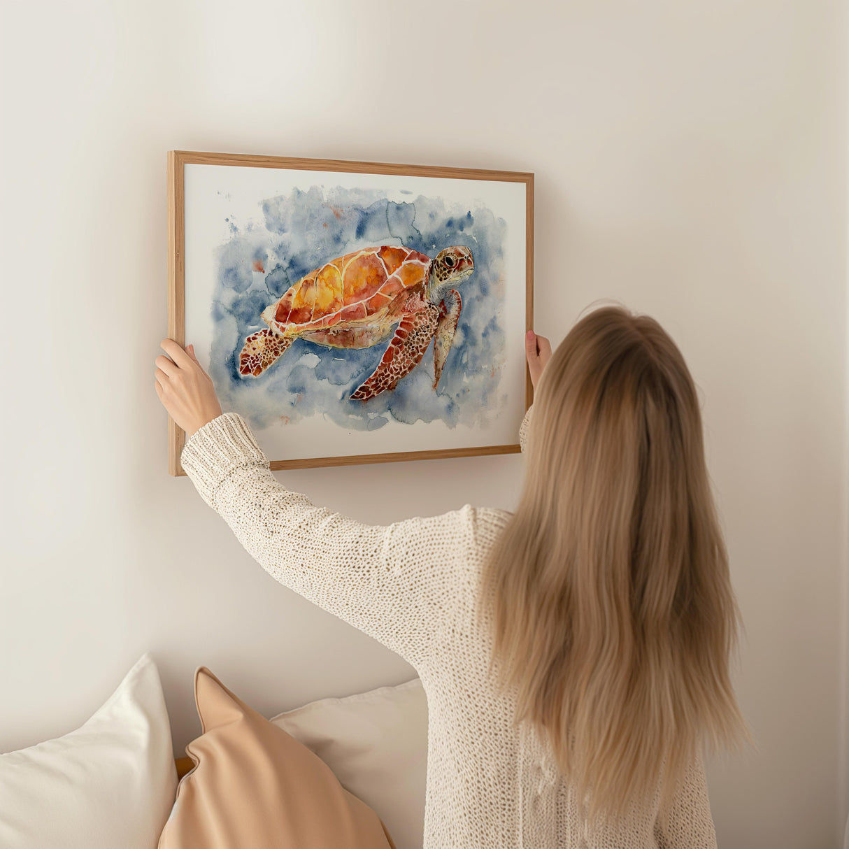 Artistic print of a sea turtle surrounded by flowing water.